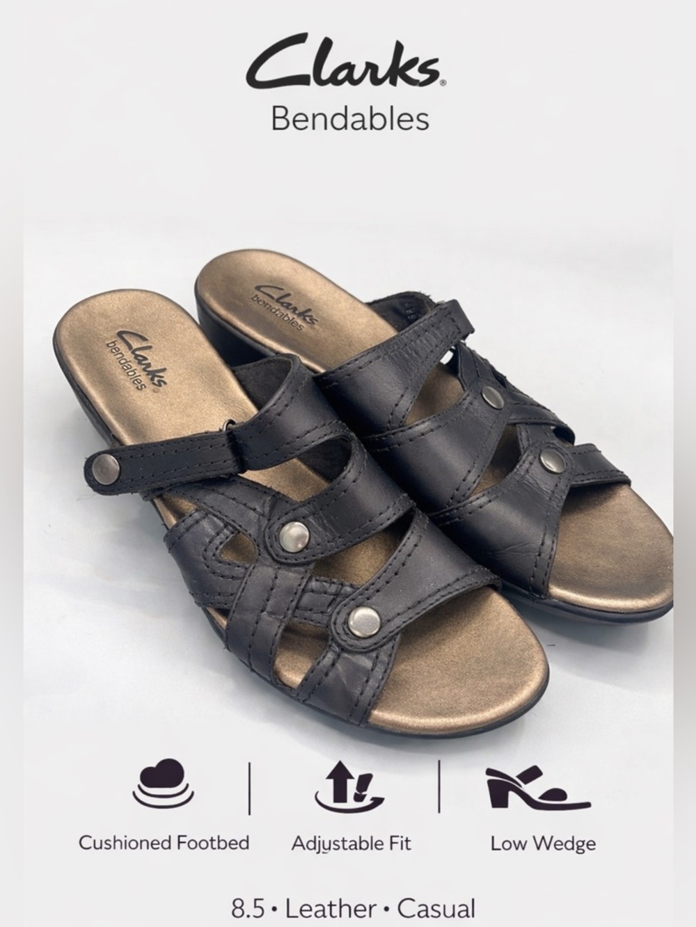 Clarks Bendables Leather Sandals Black Comfort Slide Size 8.5 Casual